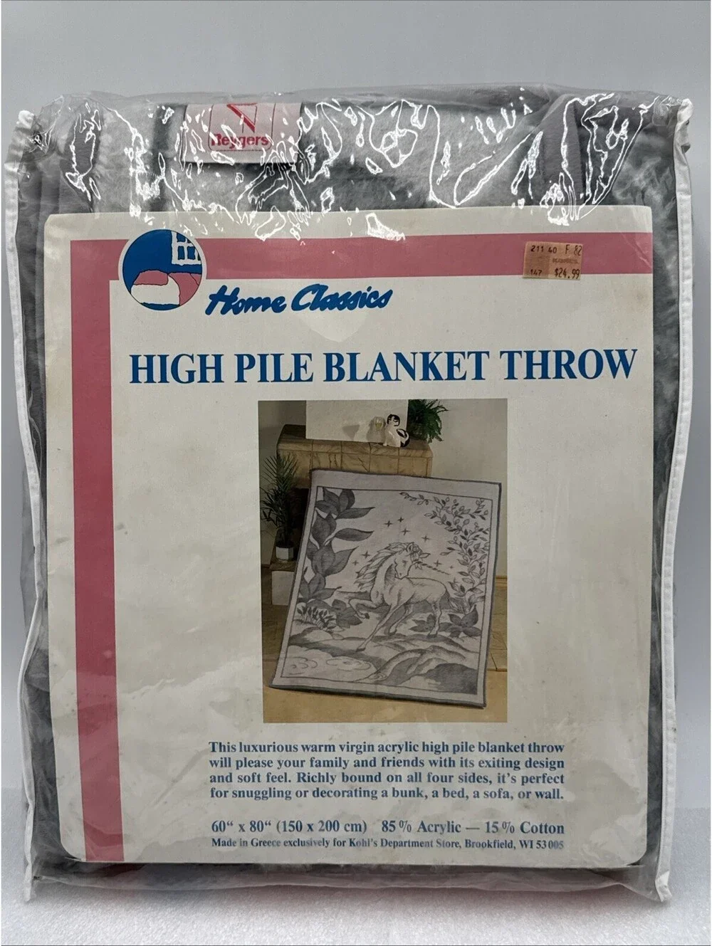 Vintage Reygers High Pile Blanket 60x80” Unicorn Scene Gray Made In Greece *READ